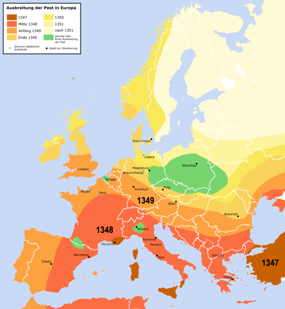 Die Verbreitung der Pest im Jahre 1348.